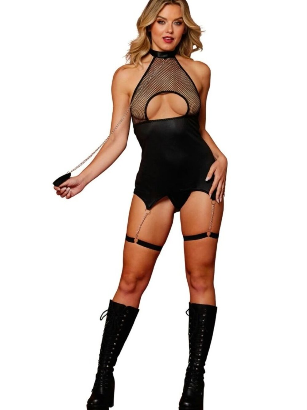 Dreamgirl Black Fishnet Garter Slip Leash Set 13295